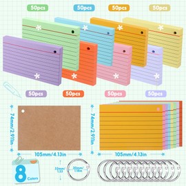 moinkerin Index Cards 400 Pieces 4.09 * 2.99inch Multicolor Record Cards with 6 Binder Rings 8 Kraft Paper Flashcards for Office Home School Learning