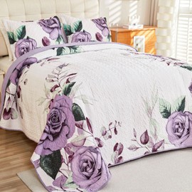 Rose Quilt Set Queen Size,Purple Flower Printed Bedspread Coverlet,Soft Lightweight Vintage Comforter Bed Set 3 Pcs,Romantic Bedding for All Seasons(Lilac,Queen 92"x96")