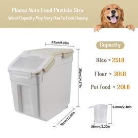50 lb Flour Storage Container, 2 Pack Rice Storage Container with Measuring Cup/Wheels Seal Locking Lid for Flour, Rice, Grain, Cereal, Dry Food Dispenser Organizer Storage Bin (Grey)