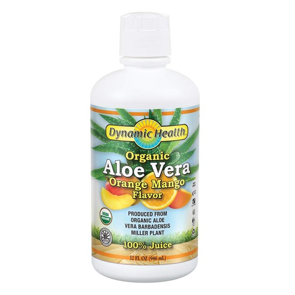 Dynamic Health Organic Aloe Vera Juice, Orange Mango Flavor | No Added Sugar, Artificial Color or Sweeteners, No Gluten or BPA | 32oz, 8Serv