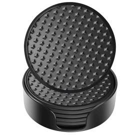 Silicone Coasters 6 Pack with Holder, Drink Coasters Set for Hot & Cold at Bar, Desk, Tabletop-Protection, Round Cup Mat Non-Slip for Any Cups, Thickened Non-Stick Deep Tray Coffee Table Decor,Black