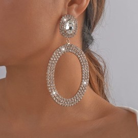Jumwrit Rhinestone Hoop Earrings Geometric Drop Dangle Earrings Big Stud Oval Earrings Statement Earrings for Women Girls（Silver）