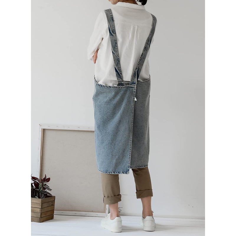 Denim Cotton Canvas Cross Back Aprons Solid Color Shop Kitchen