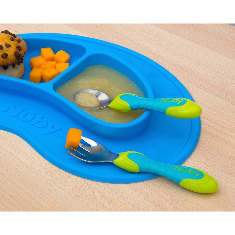 Nuby 2 Piece Stainless Steel Utensil, Blue/Green, 2 Count