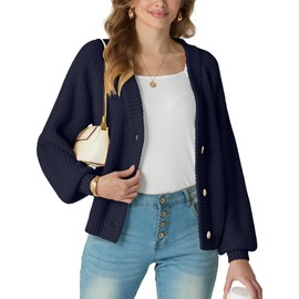 GRECERELLE Women's Chunky Open Front Long Sleeve V-Neck Button Knit Loose Cardigan Sweater Outerwear, Navy Blue, L