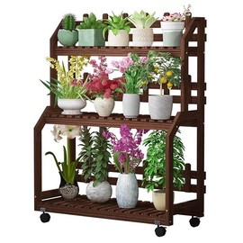 MoNiBloom 3 Tiers Plant Stand with Wheels, Outdoor Wood Plant Stands for Multiple Plants, Tiered Plant Shelf Table Plant Pot Stand for Living Room Patio Balcony