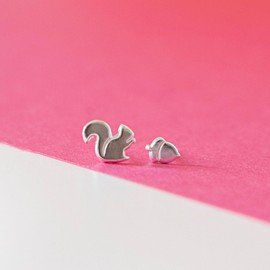 925 Silver Sterling Squirrel and Acorn Stud Earrings by Offbeat Fine Jewellery Co. Mismatched Asymmetric