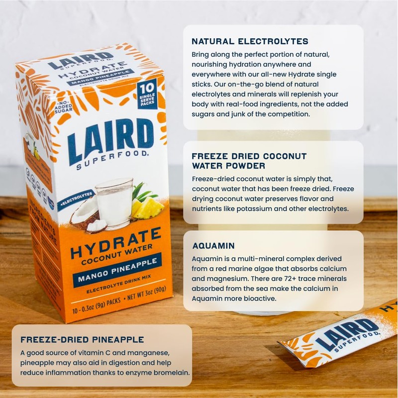 LAIRD SUPERFOOD Pineapple Mango Hydrate Coconut Water 10ct, 0.3 OZ