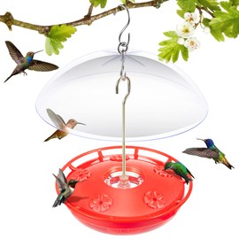 15.5 OZ Hanging Hummingbird Feeders for Outdoors with Rain Guard, Leak Proof Saucer Humming Bird Feeders with Ant Moat, 5 Flower Feeding Ports and Cleaning Brush for Garden Yard Patio (1 Pack)
