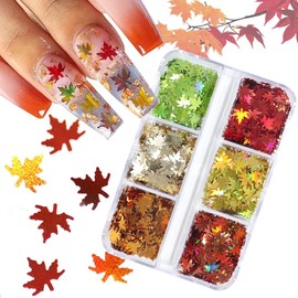 Fall Glitter Nail Sequins Maple Leaf Nail Glitters Flakes 3D Maple Leaves Nail Art Stickers Decals Gold Laser Glitter Nail Designs Retro for Manicure Autumn Winter Gel Nail Art Decorations 6 Grids