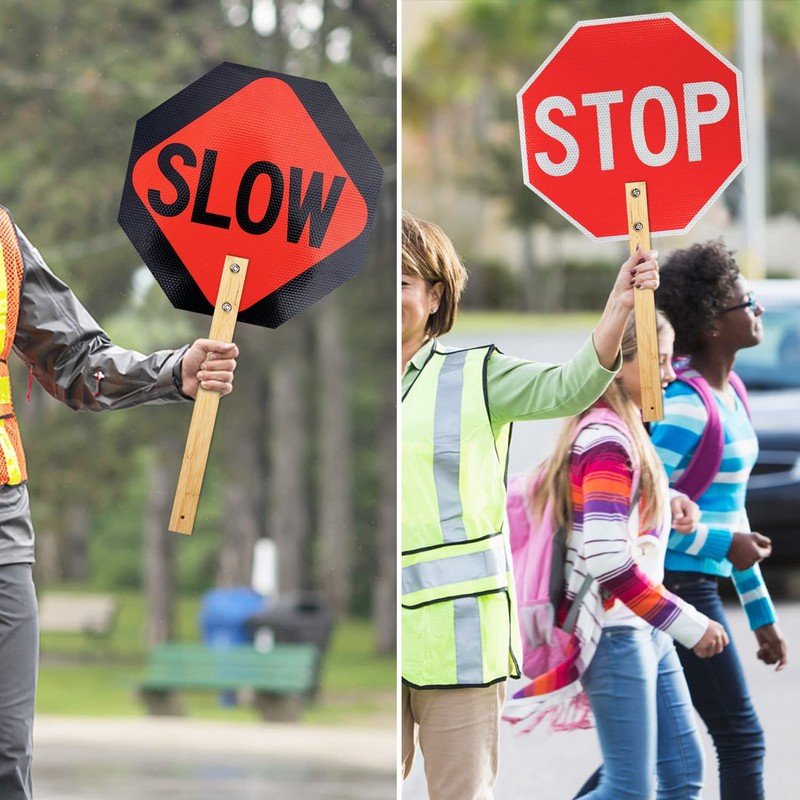 Stop Slow Sign with Bamboo Handle, 13" x 13" Double