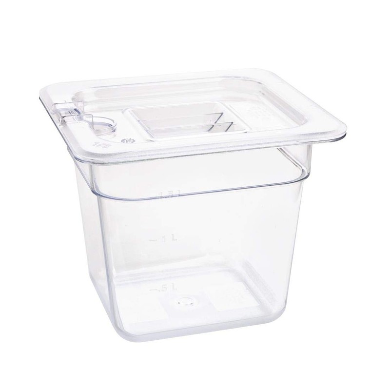 Vogue Reusable Polycarbonate Plastic 1/6 Gastronorm Container 150mm, Clear, Food