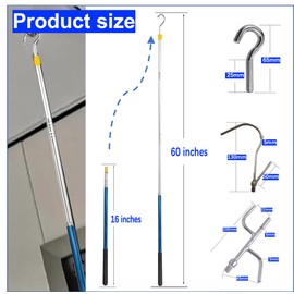 RQG Attic Pull Down Hook,Clothes Hook Pole,with a 16-60 inch Telescopic Rod,Used for Pulling Down Attic Ladders and Hanging Clothes,Light and Plants（Stainless Steel,Portable,Multifunctional,3 in 1）