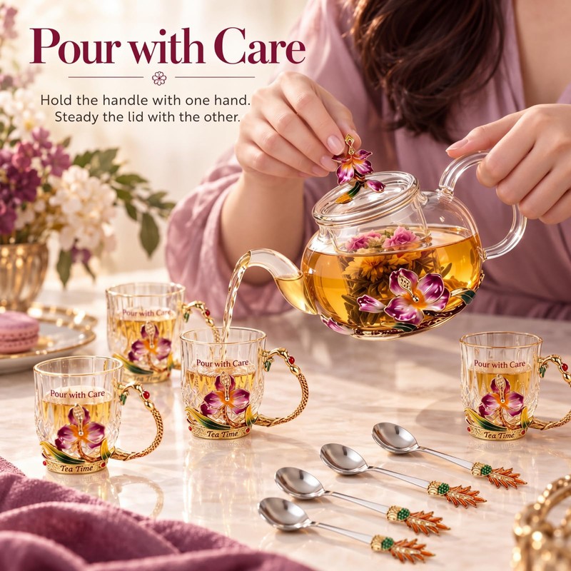 Maxdot 5 Pcs Floral Glass Tea Set, 14 oz Rose