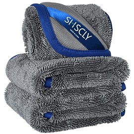 SHSCLY Microfiber Car Wash Towel, Ultra-Absorbent Cloth, Thick, Compact Size, Usable While Wringing, Gray with Blue Edge, 3 Pieces, 11.8 x 15.7 inches (30 x 40 cm)