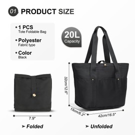 SUIKIHUM Tote Bag for Women, Work Bag Handbag Polyester Foldable Waterproof with Zipper, Large Capacity for Gym Travel Beach Essentials, Black