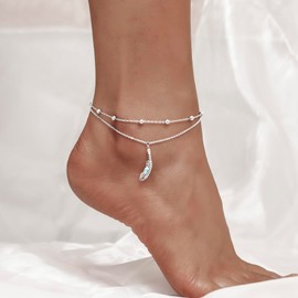 925 Sterling Silver Feather Anklet Bracelet - Created Turquoise Summer Beach Ankle Bracelets - Dainty Layered Foot Chain for Women