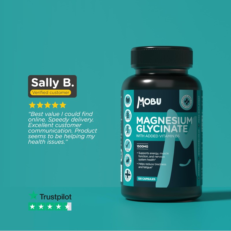 MOBU Magnesium Glycinate 1500mg with Vitamin B6 – 120 Vegan