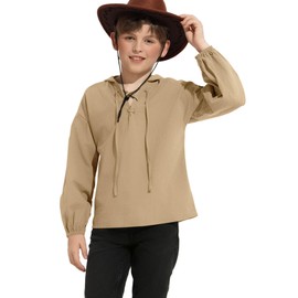 Haloumoning Boys Medieval Viking Pirate Shirt Kids Renaissance Costume Retro Lace Up Hooded Cosplay Shirts Tops 5-14 Years