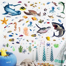HOTIYOK Wall Sticker Sea Deep Sea Fish Stylish Sea Life Wall Sticker Sea Turtle Jellyfish Blister Wall Sticker Painting Style Wall Sticker DIY Wall Furniture Sticker Bath Poster Waterproof Wallpaper