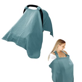 Hooyax 2-in-1 Baby Car Seat Cover & Nursing Cover, 100% Muslin Cotton, Breathable Car Seat Canopy and Privacy Breastfeeding Cover, Blue
