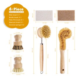 DEBETOOL 6 Piece Bamboo Dish Brush Set with Coconut Sponge - Wooden Dish Brush with Sisal and Palm Fiber, Natural Bamboo Dish Scrub Brush for Kitchen Cleaning Dishes, Pots, Pans, Bottles, Vegetables