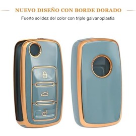 OFFCURVE Funda para Llavero Llave VW Volkswagen Jetta Vento Passat Beetle Tiguan,Seat Ibiza Accesorios de Golf Funda Protectora para Llave Inteligente de 3 Botones de TPU (Oro Azul)
