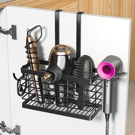 Hair Tool Organizer, 3-in-1 Universal Hair Dryer Holder, Adjustable Height Metal Blow Dryer Holder Wall Mounted/Over Cabinet Door/Free-Standing (Black)