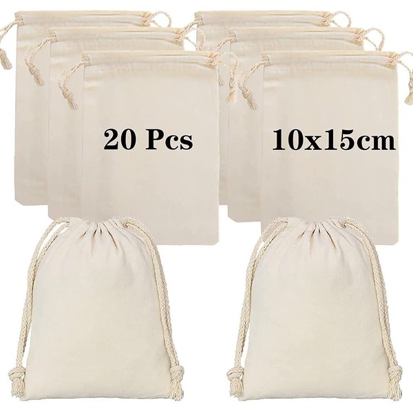 Lanjue 20 Pack Cotton Muslin Bags, White Mini 10x15cm Drawstring Gift Bags Breathable Pouches Reusable Packing Storage Bags for Wedding Party Festival