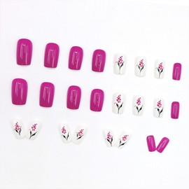 Press on Nails Medium Square Fake Nails with Dot Designs Black Leaves Glue on Nails Rose Red Full Cover Nails Press ons Acrylic White False Nails Glossy Artificial Stick on Nails for Women 24Pcs