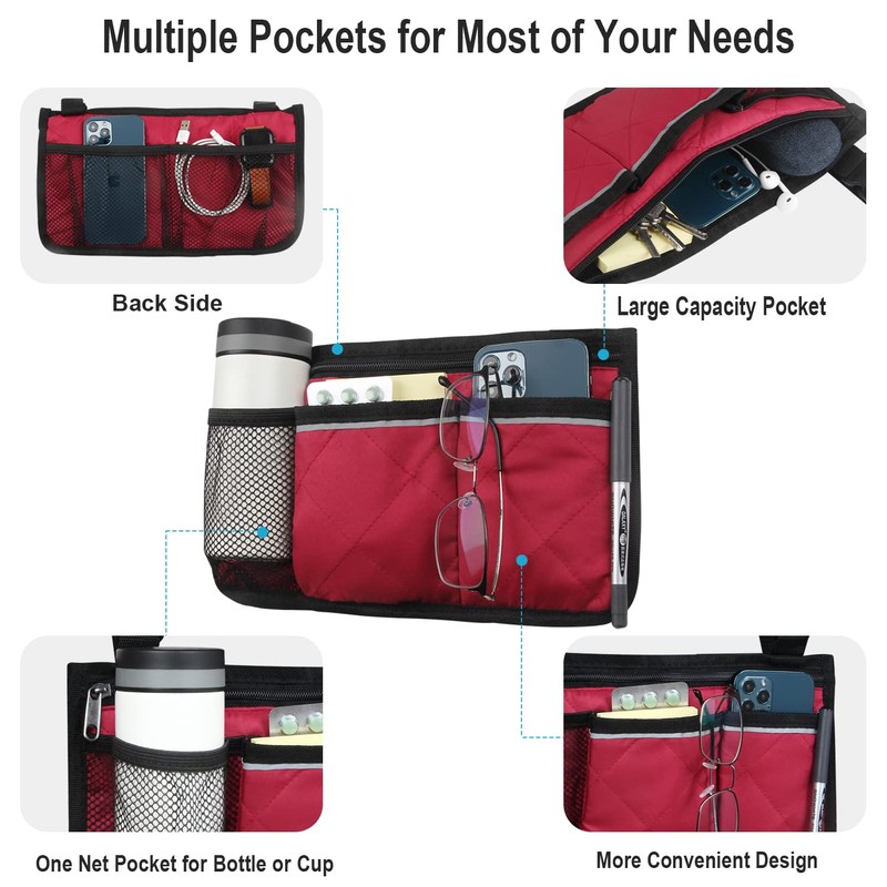 Wheelchair Side Organizer Storage Bag Armrest Pouch with Cup Holder