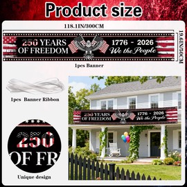 250 Anniversary USA Banner Decorations - We the People Patriotic 4th of July Hanging Banner Decor Black, 250 Years of Freedom Party Supplies for Independence Day Indoor and Outdoor 118.1x19.6 Inch