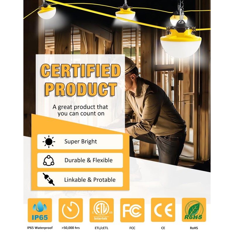 JC-LGL 100FT Construction String Light 130W 16000Lm, 5000K Industrial Grade
