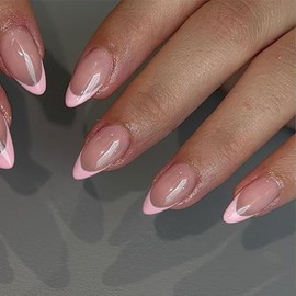 KQueenest 30 Pcs Light Rosa French Tip Press On Uñas Cortas Almendras Acrílico, Natural Nude Mediano Uñas Falsas Prensas Ons, Pegamento Clásico En Uña