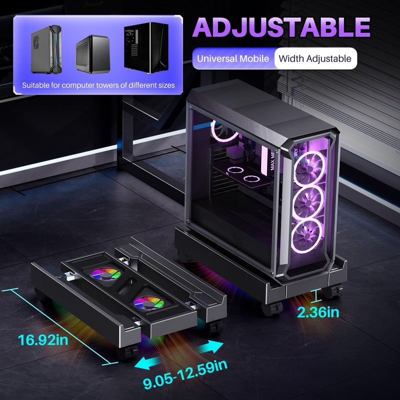 Adjustable Computer Tower Stand with Cooler Fan and Light, PC