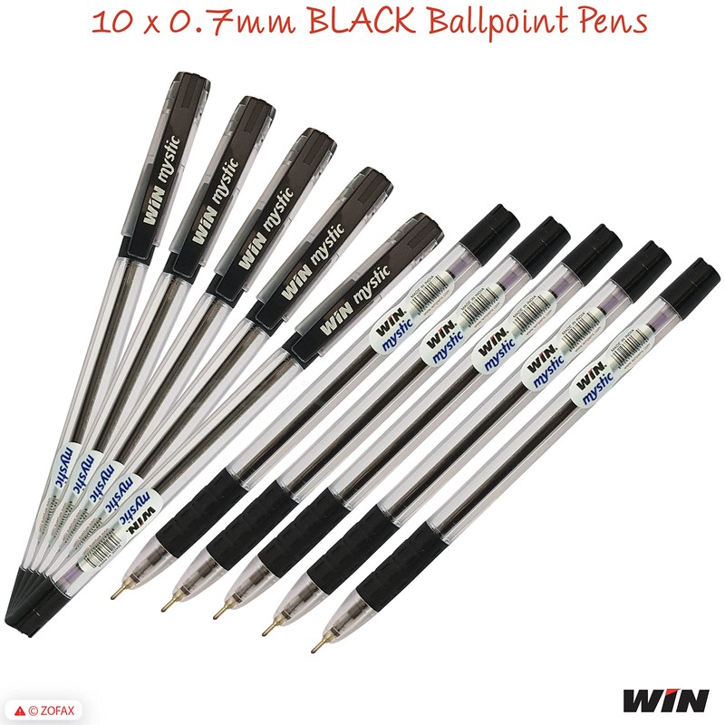 WIN 10 x 0.7mm Biro Tip Ball Pens Mystic BLACK