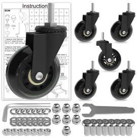 Creeper Caster Wheels Set of 6 Roller Blade Swivel Casters Heavy-Duty 2.5 Inch Castor Replacement for Creeper Service Cart Stool Post Mount, 360 Degree No Noise, Safe for Hardwood Floors & Carpet