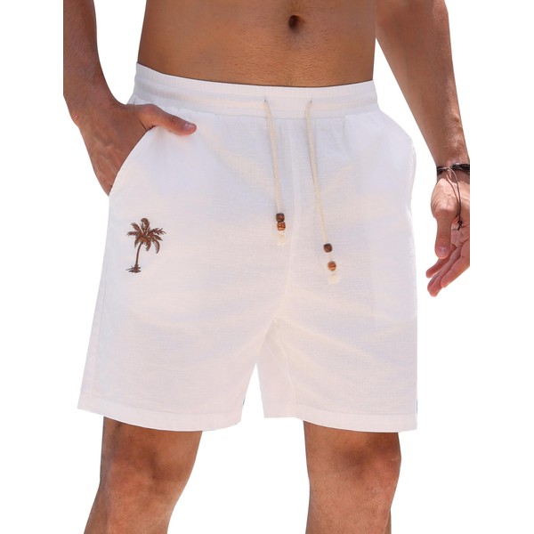 ABEWIP Men's Summer Cotton Shorts Elastic Waist Drawstring Embroidered Tree