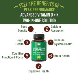 Peak Performance Peak Performance Advanced Vitamin D 10000 IU with All 3 Types of Vitamin K Capsules 10,000 IU Vitamin D3 and Vitamin K2, K1, MK-7 (MK7), MK4 Supplement. 60 Small and Easy to Swallow Pills