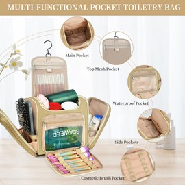 LOKASS Toiletry Bag for Women, Travel Makeup Cosmetic Bag with Hanging Hook for Shampoo Toiletries Full-size Container, Water-resistant Travel Organizer Bag Gift for Women (Large, Light Green)