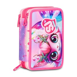 SJ GANG STYLE JAM GANG School Pencil Case with 3 Zippers Cat LED Pink Pencil Holder with Triple Compartment Complete with Pens, Pencils, Paints, Accessories Backpack, Primary School, Girls