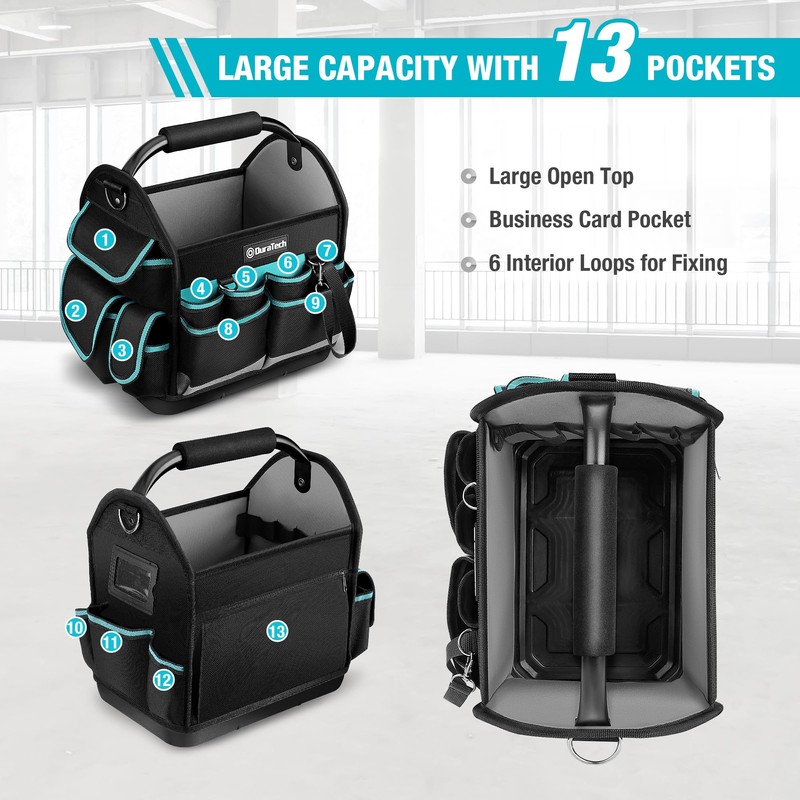 DURATECH 12 Inch Tool Tote with Waterproof Hard Bottom, Electrician