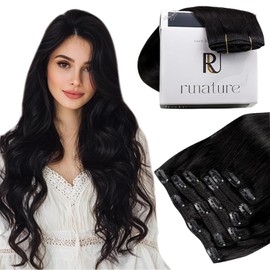 RUNATURE Extensiones de Cabello Humano con Clip 10 Pulgadas 80g 7 Piezas Negro Natural #1B