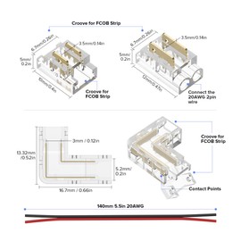 FCOB COB 5mm LED Strip Connectors Kit, 8pcs, L-Shaped Connector, Gapless Solderless, Supports 5mm Single Color +V -V LED Strip