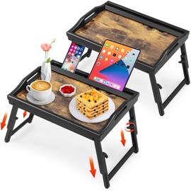 2 Pack Bed Tray Table with Adjustable Legs Breakfast Trays Serving Tray Bamboo Bed Laptap Floding Legs with Handles and Phone Holders