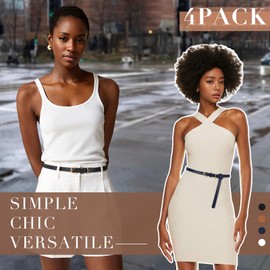 XZQTIVE 4Pack Skinny Leather Belt Women Thin Waist Belt Ladies Belt for Jeans Pants Dress with Gold Buckle 0.5” Width, D-4 Pack(black+brown+navy Blue+white), Fits Waist Size 23"-26"