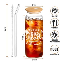 Teacher Appreciation Gifts - Teacher Gifts for Women - Teacher Birthday Gifts, Back To School Day Gifts, Teacher Retirement Gifts - 16 Oz Teacher Glass Cup with Lids and Straws