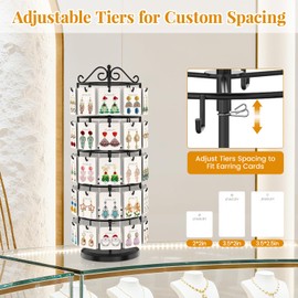 EsLuker.ly Earring Holder Organizer Rotating Display Tree Stand, Adjustable Height Earring Card Hanger Rack with 50 Hooks for Vendors Market Selling, 5 Tier Metal Jewelry Storage Tower, Black