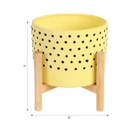 Sagebrook Home Stoneware Ceramic Planter with Stand - Modern Yellow Flower Pot - Indoor Outdoor Decorative Plant Holder - 9" with Wooden Stand