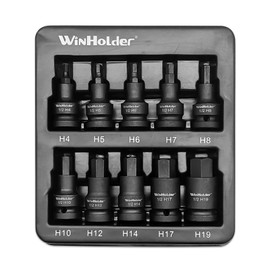 WinHolder 10Peices Impact HEX BIT Socket Set H4-H19 1/2" Drive 4mm to 19mm Tools